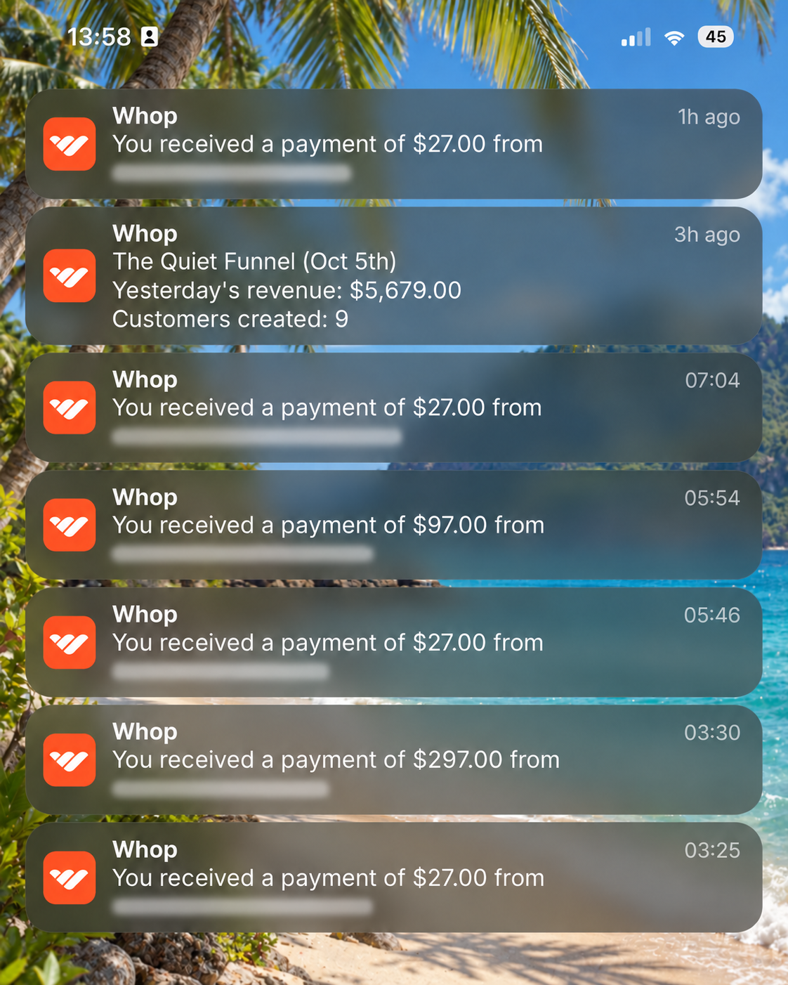 Payment notifications shared for Tom Peters’s testimonial
